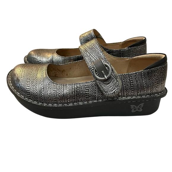 Alegria Paloma Mary Jane Comfort Shoes 38 EU/8-8.5 US Silver Leather Platform - Picture 1 of 10